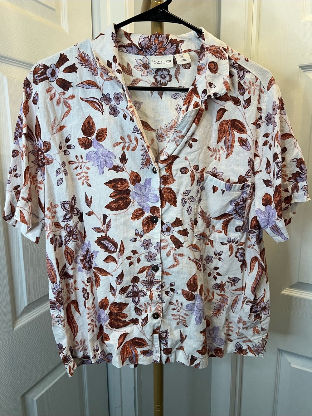 Rachel Zoe Men’s Short Sleeve Floral Shirt - White with Brown & Lavender